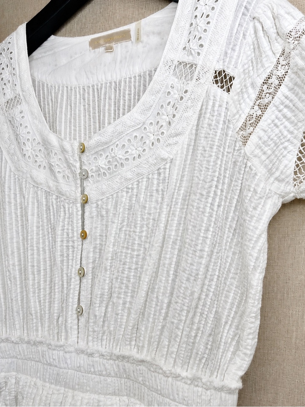 LoveShackFancy Jeromie White V-Neck Eyelet Mini Dress, Small - Picture 7 of 10